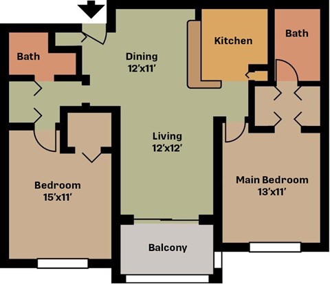 Floor plan for 2 beds, 2 baths, 1150 sqft